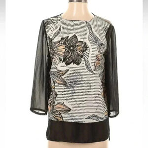 DKNYC Brown & Black Striped Floral Long Sleeve Blouse Size S Small